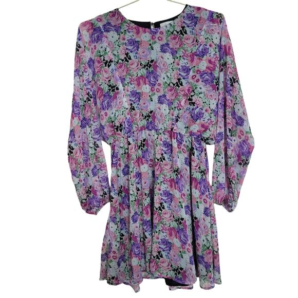 WAYF Mini Dress Sz Small S Spring Purple Floral Long Sleeve Flutter All over - Picture 2 of 11